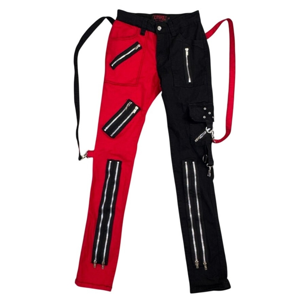 Tripp NYC Split Leg Red Black Bondage Pants Punk Goth Zipper IS675M Womens 26